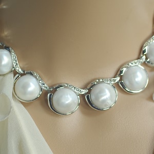 Coro Pearl Necklace: Rhinestone Silver Links, Adjustable Vintage Bridal Jewelry