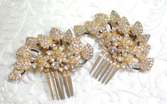 Vintage Art Deco Style Rhinestone Hair Clips, Gol… - image 3