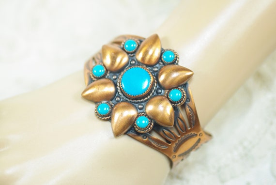 Vintage Bell Copper Turquoise Bracelet, Native Am… - image 6