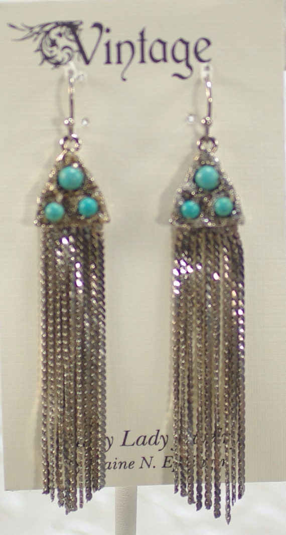 Vintage Turquoise Waterfall earrings, Silver Turq… - image 2