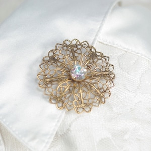Swarovski AB Rhinestone Brooch: Victorian Style Filigree Pin