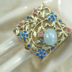 Vintage Blue Pink Rhinestone Pill Trinket Box, Nature Inspired Retro Gold Leaf Box, Vanity Purse Accessory Gift, Fashion Organizer Small Box