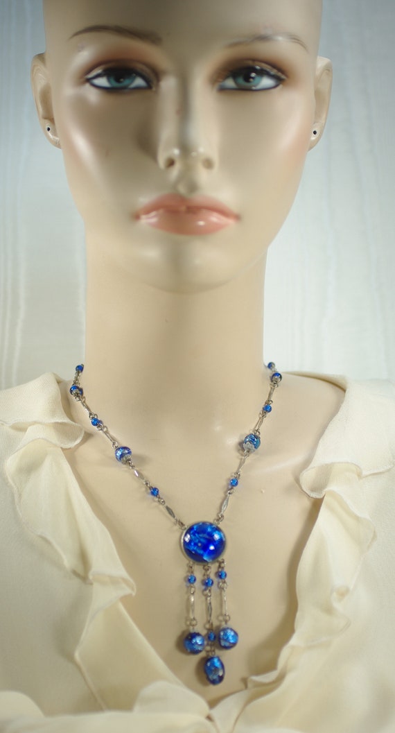 Vintage Czech Blue Foil Glass Necklace, Art Deco … - image 6