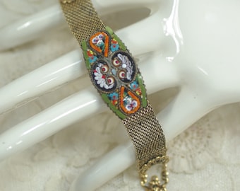 Italian Micro Mosaic Adjustable Bracelet, Victorian Upcycled Mosaic Gold Finish Mesh Bracelet, Handcrafted One-of-a Kind Mosaic Bracelet