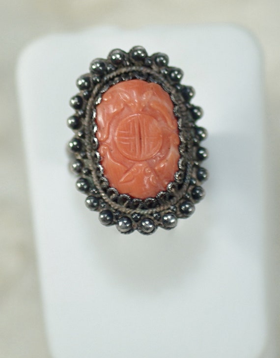 Vintage Chinese Hand Carved Coral Ring, Vintage Ri