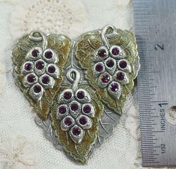 Vintage Grape Leaf Rhinestone Brooch, Hand Painte… - image 9