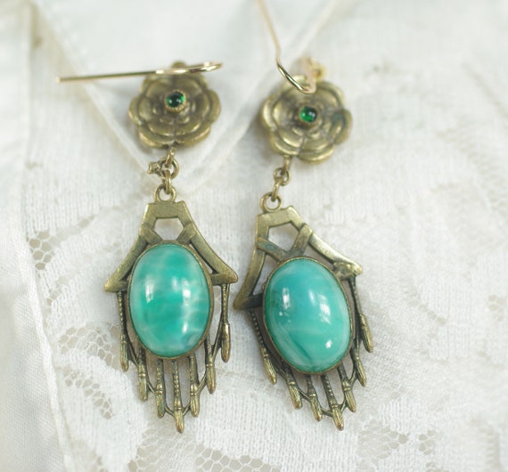 Vintage Art Deco Green Glass Earrings, Green Czec… - image 3