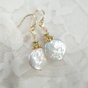 Handcrafted Freshwater White Pearl Earrings, 10mm Coin Pearl Earrings, Friend Birthday Graduation Gold Swarovski Crystal Earrings Under 20