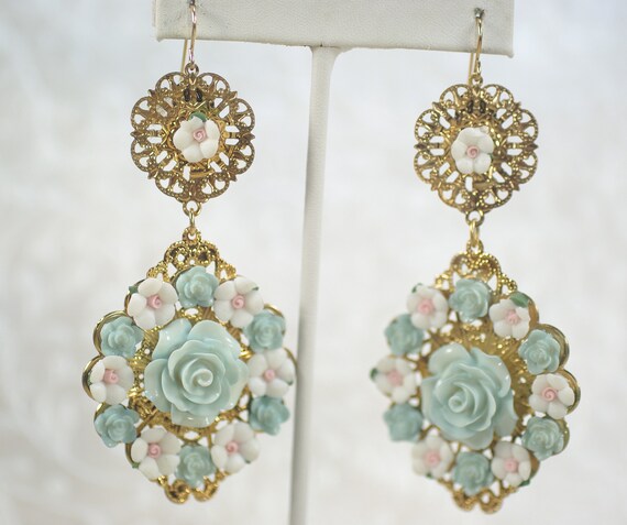 Vintage Pastel Blue Flower Chandelier Earrings, G… - image 4