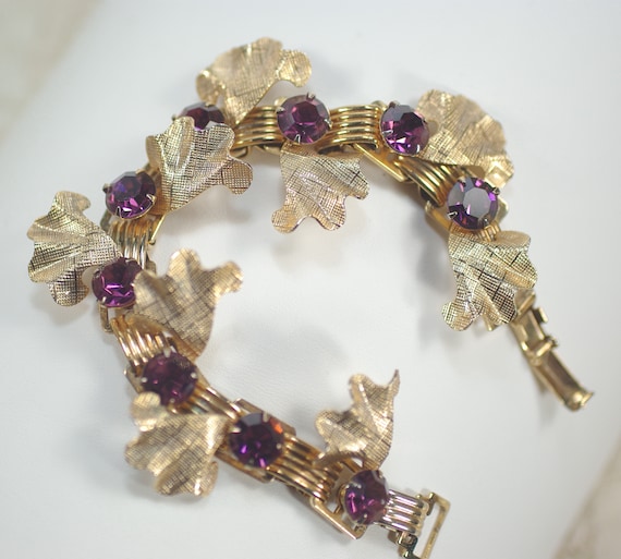 Amethyst Rhinestone Gold Link Bracelet, Gold Fan … - image 1