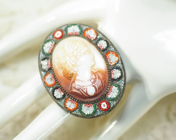 Edwardian Micro Mosaic Cameo Brooch Grand Tour Brooch Large