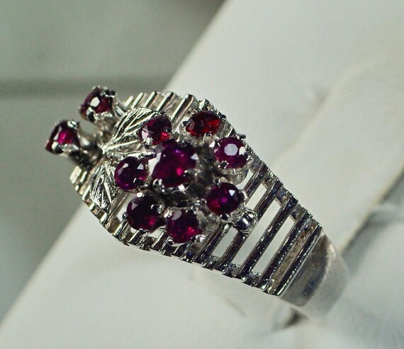 Sterling Ruby Multi Stone Ring: 1970's Flower Red… - image 7