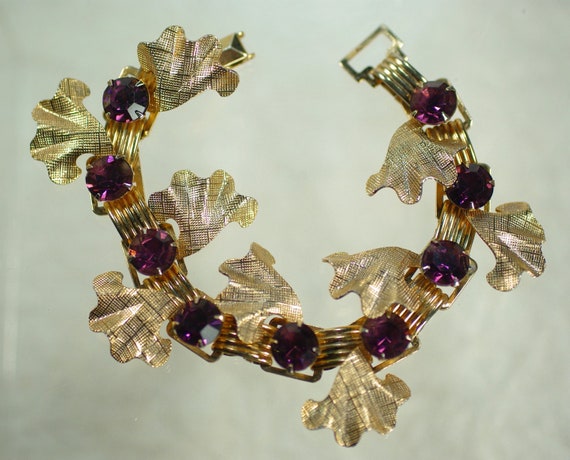 Amethyst Rhinestone Gold Link Bracelet, Gold Fan … - image 4