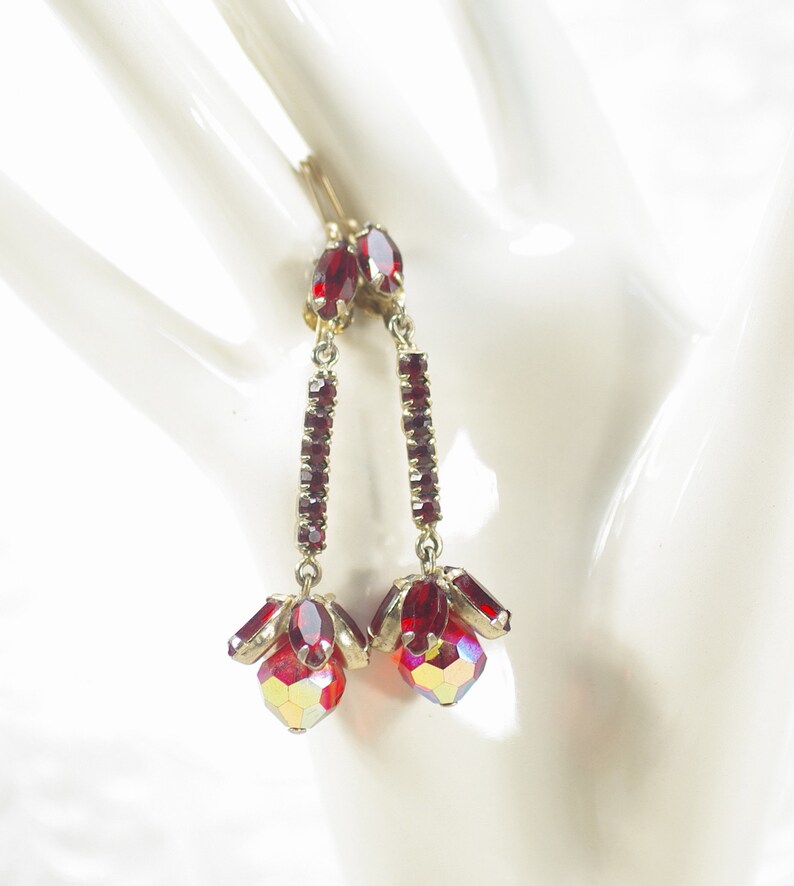 Red Crystal Wedding Earrings Red AB Statement Earrings Vintage Red Rhinestone Chandelier Earrings Couture Red Rhinestone Earring Under 30
