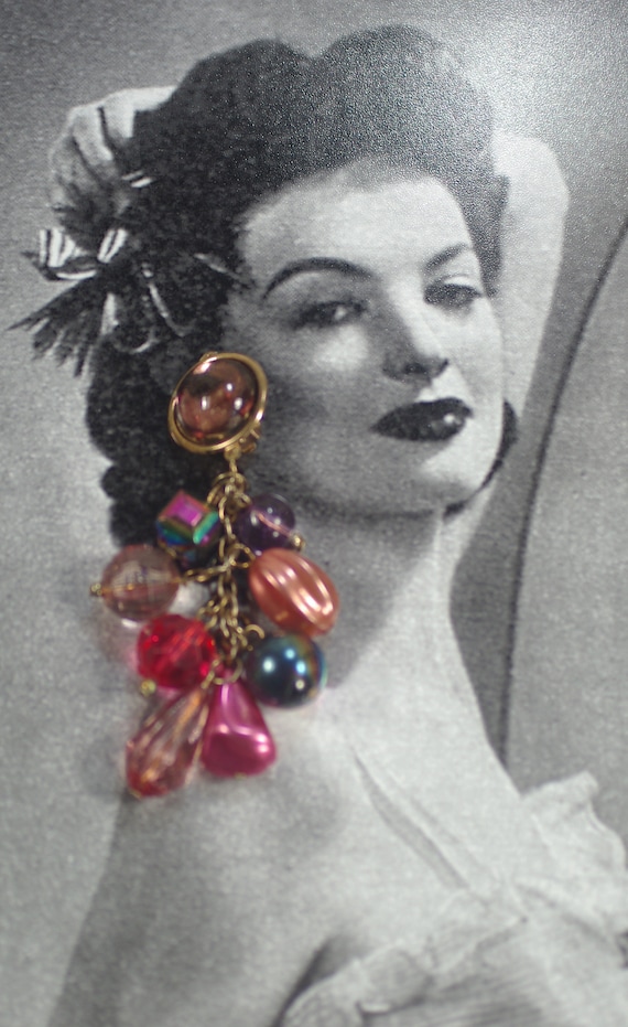 Vintage Multi Colored Chandelier Clip Earrings, P… - image 6
