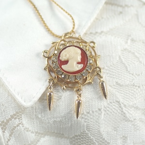 Victorian Cameo Rhinestone Pendant Necklace: Gold Filigree Dangle