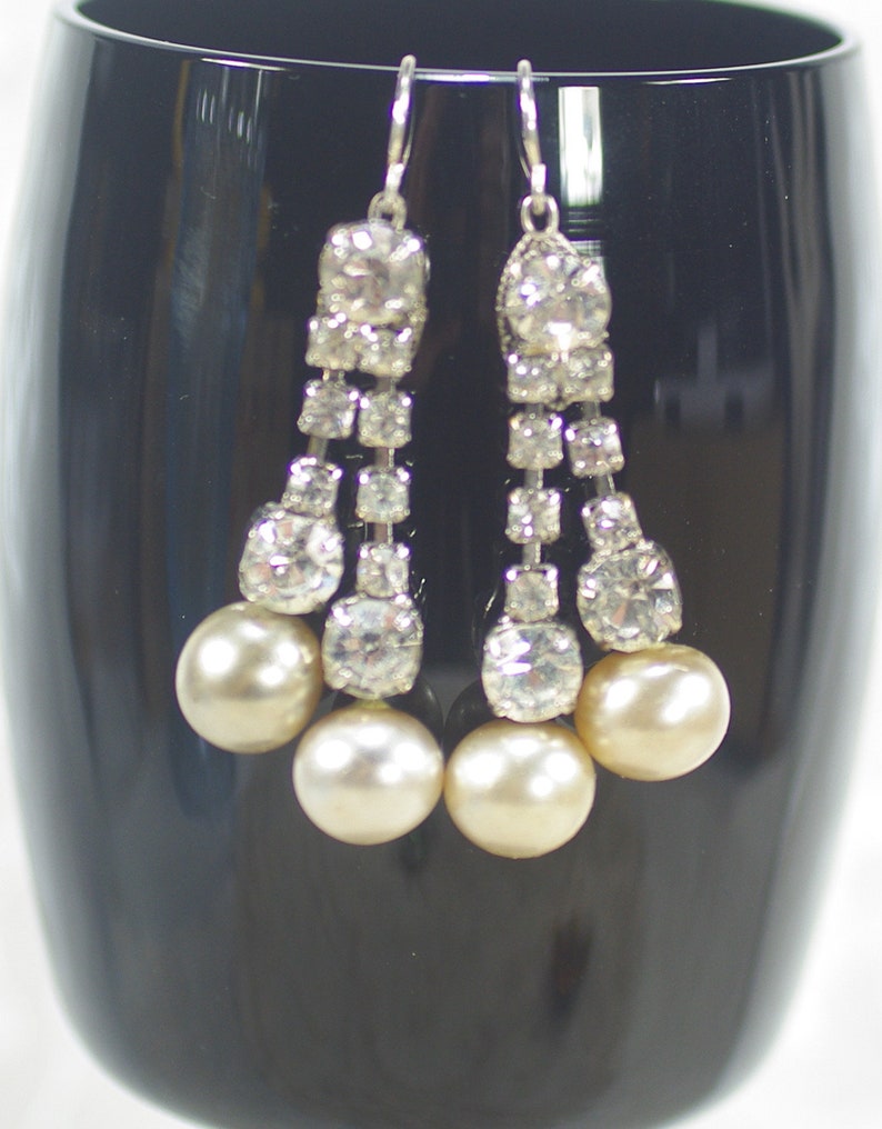 Couture Pearl Crystal Earrings Long Pearl Crystal Earrings Clear Rhinestone Chandelier Earrings Vintage Rhinestone Pearl Wedding Earrings