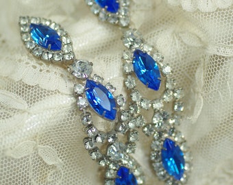 Vintage Sapphire Rhinestone Chandelier Earrings, Wedding Sapphire Marquis Post Earrings, Blue Statement Long Rhinestone Earring Under 30