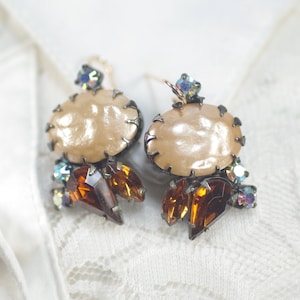 Vintage Beige Baroque Pearl Rhinestone Earrings, Fall Colored Pearl Crystal Drop Earrings, Statement Pearl Earring, Holiday Wedding Earrings