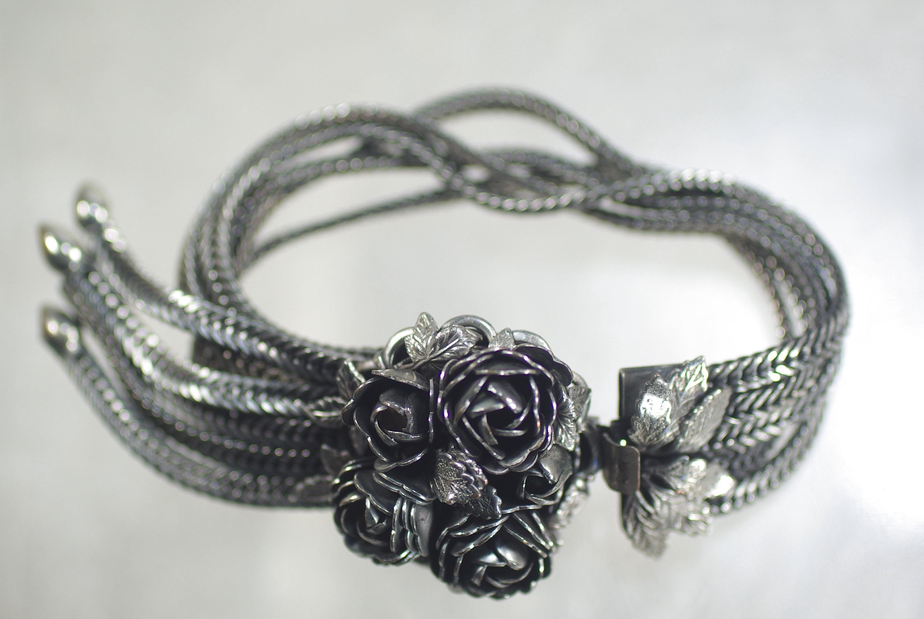 Silver Tassel Flower Bracelet: 1980's Chain Jewelry, Oxidized