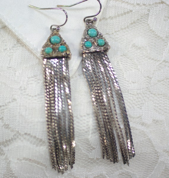 Vintage Turquoise Waterfall earrings, Silver Turq… - image 3