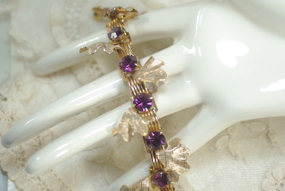 Amethyst Rhinestone Gold Link Bracelet, Gold Fan … - image 2