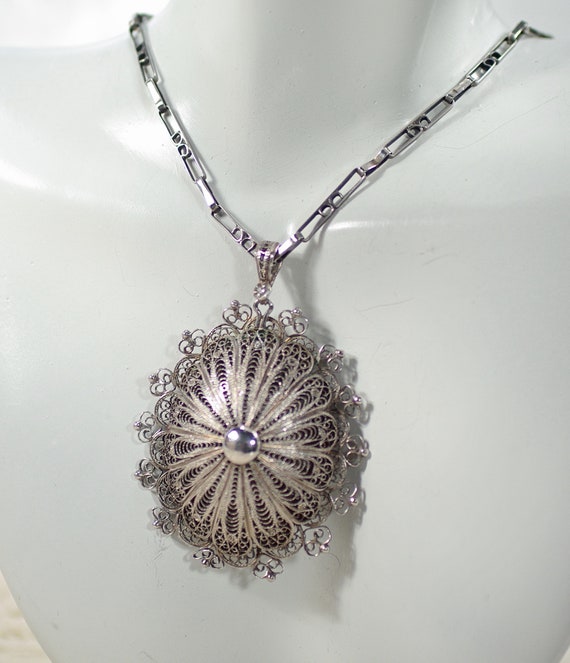 Vintage Sterling Filigree Medallion Necklace, Sil… - image 5