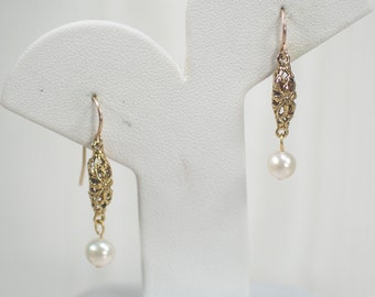 Vintage Earrings, Victorian Inspired Filigree Drop Pearl Earrings, Victorian Bride Bridesmaid Pearl Earrings, Petite Gold Pearl Earrings