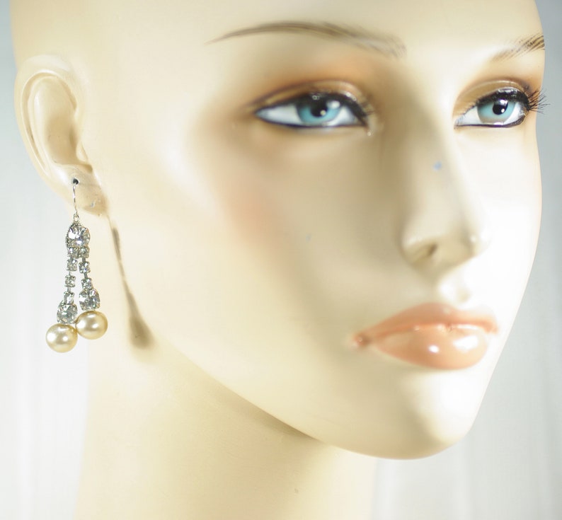 Couture Pearl Crystal Earrings Long Pearl Crystal Earrings Clear Rhinestone Chandelier Earrings Vintage Rhinestone Pearl Wedding Earrings