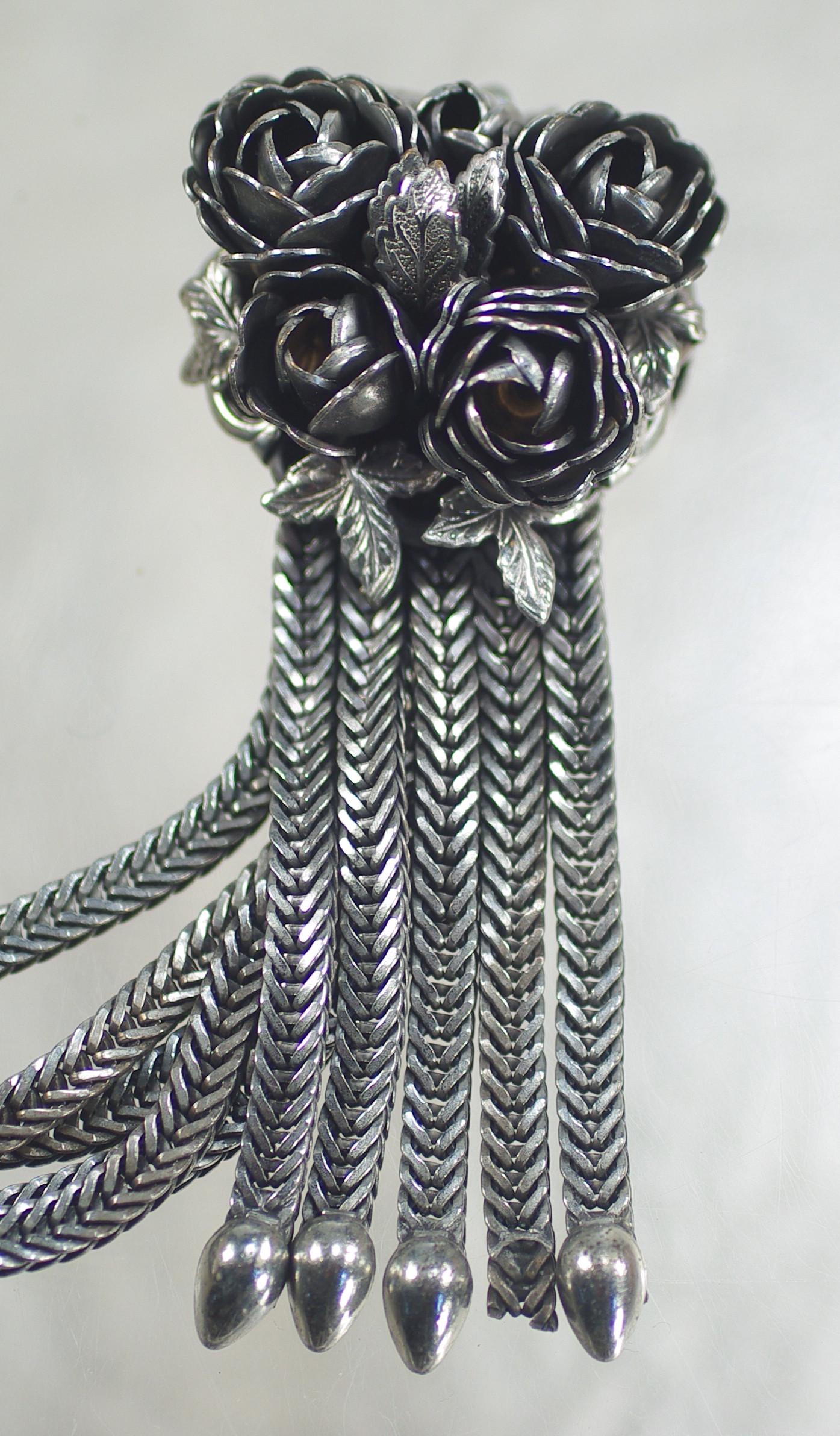 Silver Tassel Flower Bracelet: 1980's Chain Jewelry, Oxidized