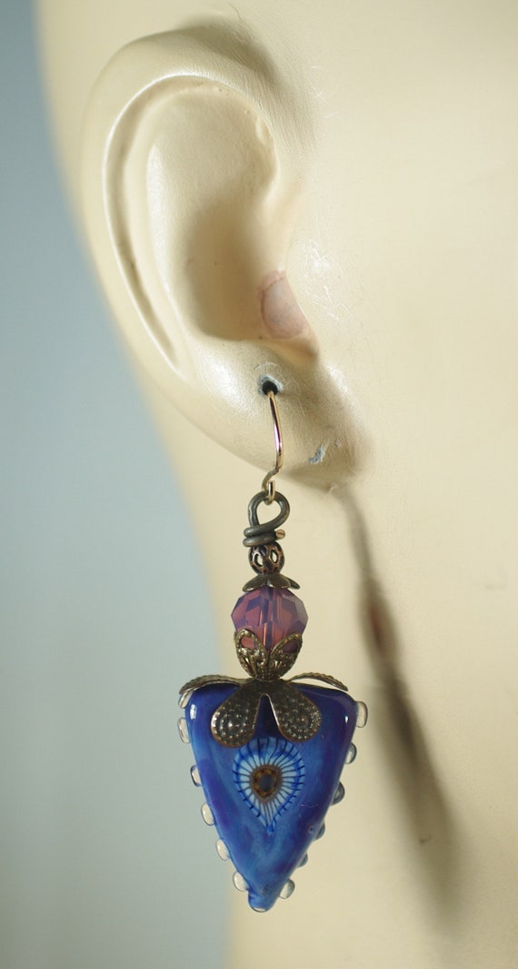 Vintage Blue Lampwork Glass Dangle Earring, Artis… - image 6