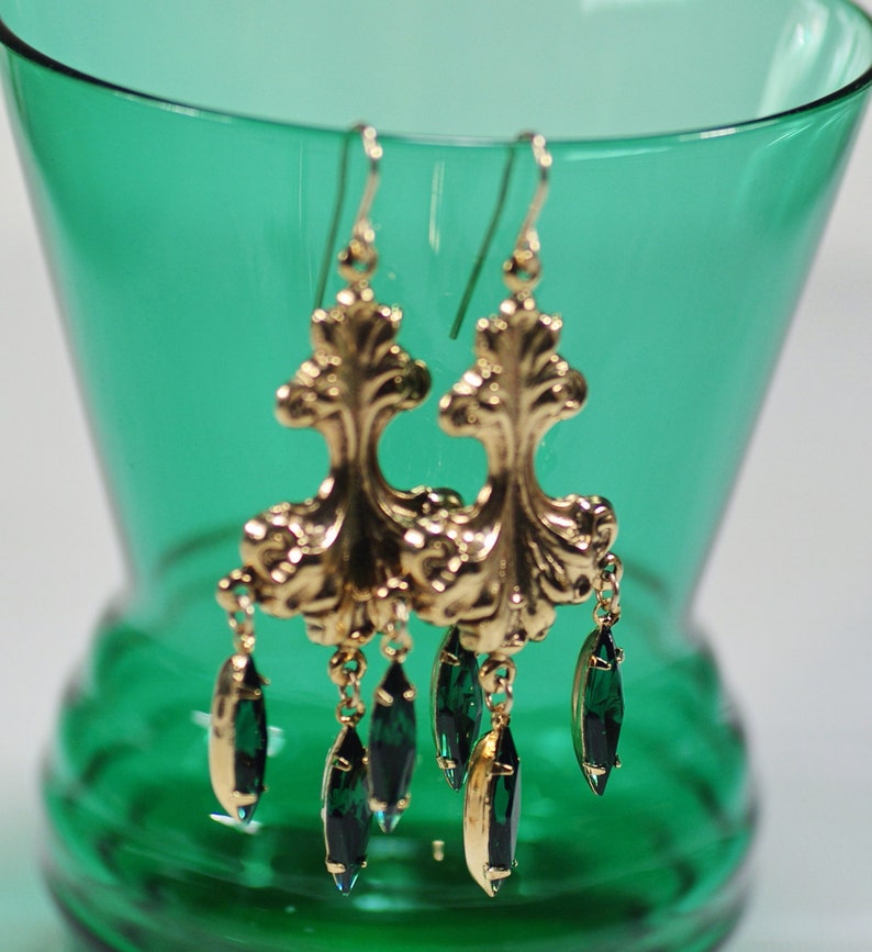 Vintage Earrings, Art Nouveau Inspired Chandelier Green Earrings, Emerald Rhinestone Statement Earrings, Wedding Bridesmaid Holiday Earrings image 2