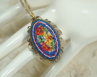 Micro Mosaic One-of-a Kind Filigree Pendant, Wedding Graduation Romantic Anniversary Floral Jewelry Gift, Victorian Custom Upcycled Mosaic