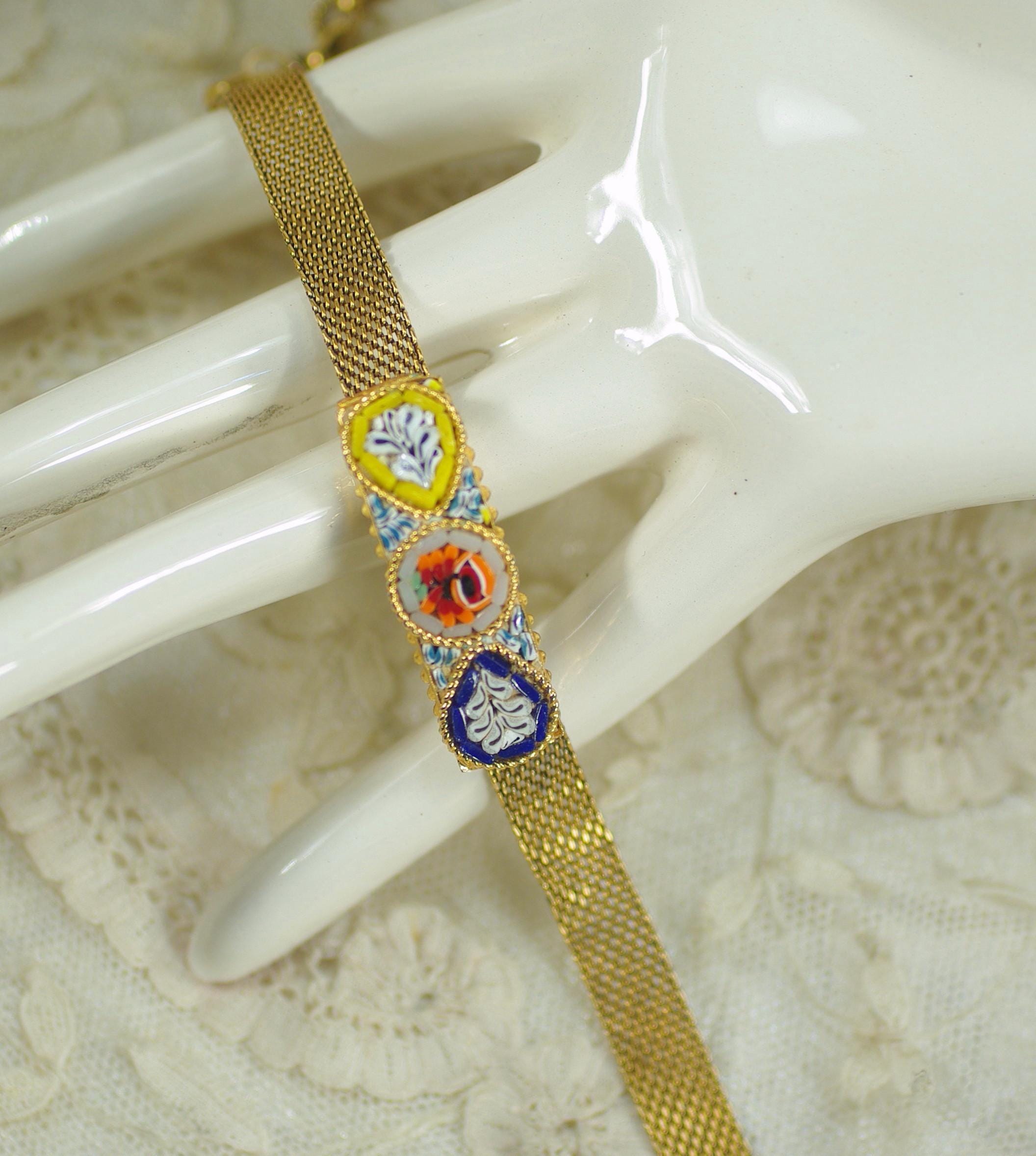 Italian Micro Mosaic Upcycled Bracelet, Gold Mesh One-of-a Kind Bracelet Romantic Wedding Anniversary Victorian Style Bracelet Gift Under 50