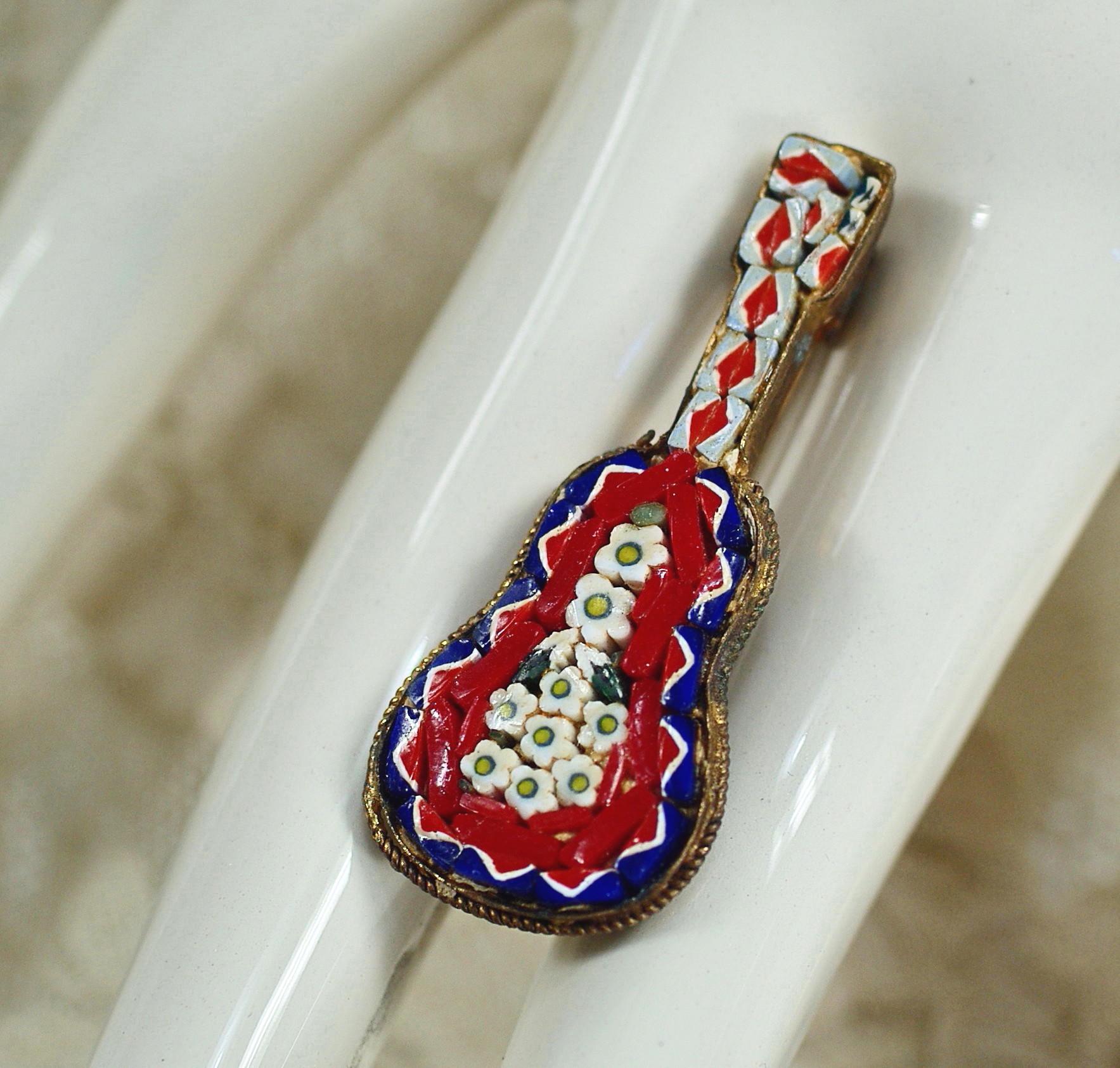 Italian Micro Mosaic Guitar Brooch: Vintage Instrument Pin