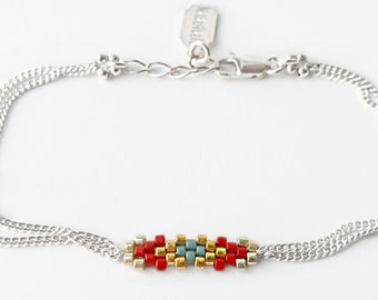Bracelet chaine Argent tissé, Bracelet perle de rocaille rouge, Bracelet Argent Femme, Bracelet femme argent / "Kultepe"