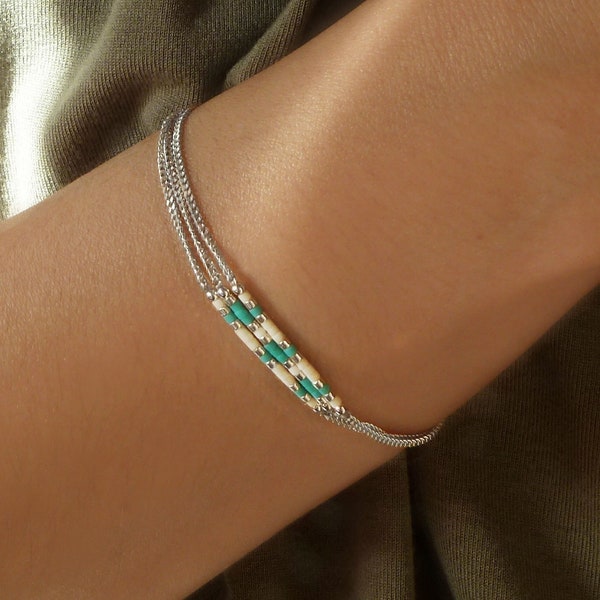 Bracelet multirang argent turquoise pour femme, style bohème, chaines fines et perles de couleur / "Ios"