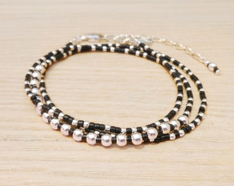 Bracelet triple tours Argent et perles noires - Boules Argent massif: 3 mm et 2 mm - Taille sur mesure à la demande / "Starfish"
