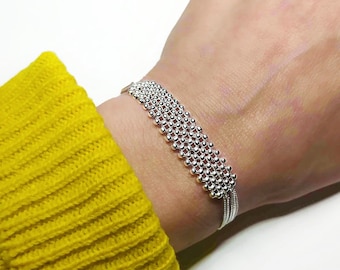 Sterling Silver Cuff Bracelets for Women, Beaded cuff Bracelets, Bridal cuff bracelet, Flat bead bracelet, Custom size bracelet