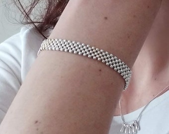 Sterling Silver Cuff Bracelets For Women, Woven Flat Bead Bracelet, Sterling Silver Band bracelet Beadweaving / "Echo"