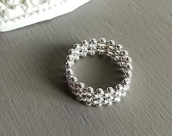 Silver band ring for women, Silver Cuff Ring, Wide band ring for women, Sterling Silver Bead Ring / "Ourse"