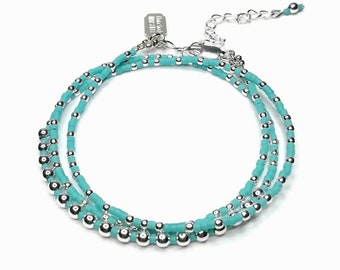 Bracelet Argent Multi tours turquoise, Perles bleues turquoises et boules Argent, Cadeau bohème chic pour femme, Taille ajustable / Starfish