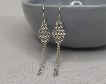 Boucles d'oreilles pendantes argent chic, Boucles d'oreilles originales en Argent 925 tissé et chaines "Losange"