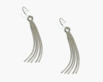 Long silver earrings, Sterling Silver fringe earrings with tassel, Long earrings with threads chain, Delicate dangle earrings / "Eris"