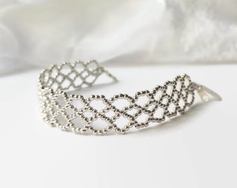 Lacy Sterling Silver Cuff Bracelet for Women, Elegant Woven Beaded Design, Unique jewelry gift for her / "Lace"