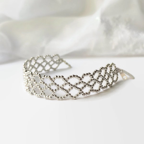 Lacy Sterling Silver Cuff Bracelet for Women, Elegant Woven Beaded Design, Unique jewelry gift for her / "Lace"