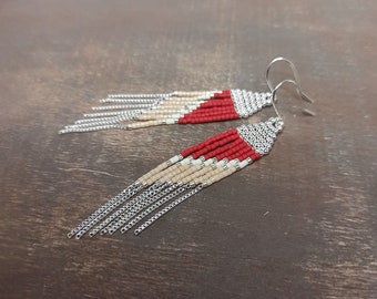 Red Sterling beaded fringe earrings 8cm / 3.1", Handmade beadwork dangle earrings with silver chains, Delicate gift for her / "Asas"