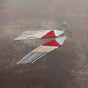 Red Sterling beaded fringe earrings 8cm / 3.1, Handmade beadwork dangle earrings with silver chains, Delicate gift for her / Asas Red