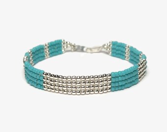 Turquoise Sterling silver boho statement wide cuff bracelet, Silver Cuff Bracelet, Woven Flat Bead Bracelet Color Block