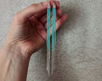 Lange zilveren oorbellen, turquoise blauwe zilveren bungelende oorbellen, Boho Fringe oorbellen